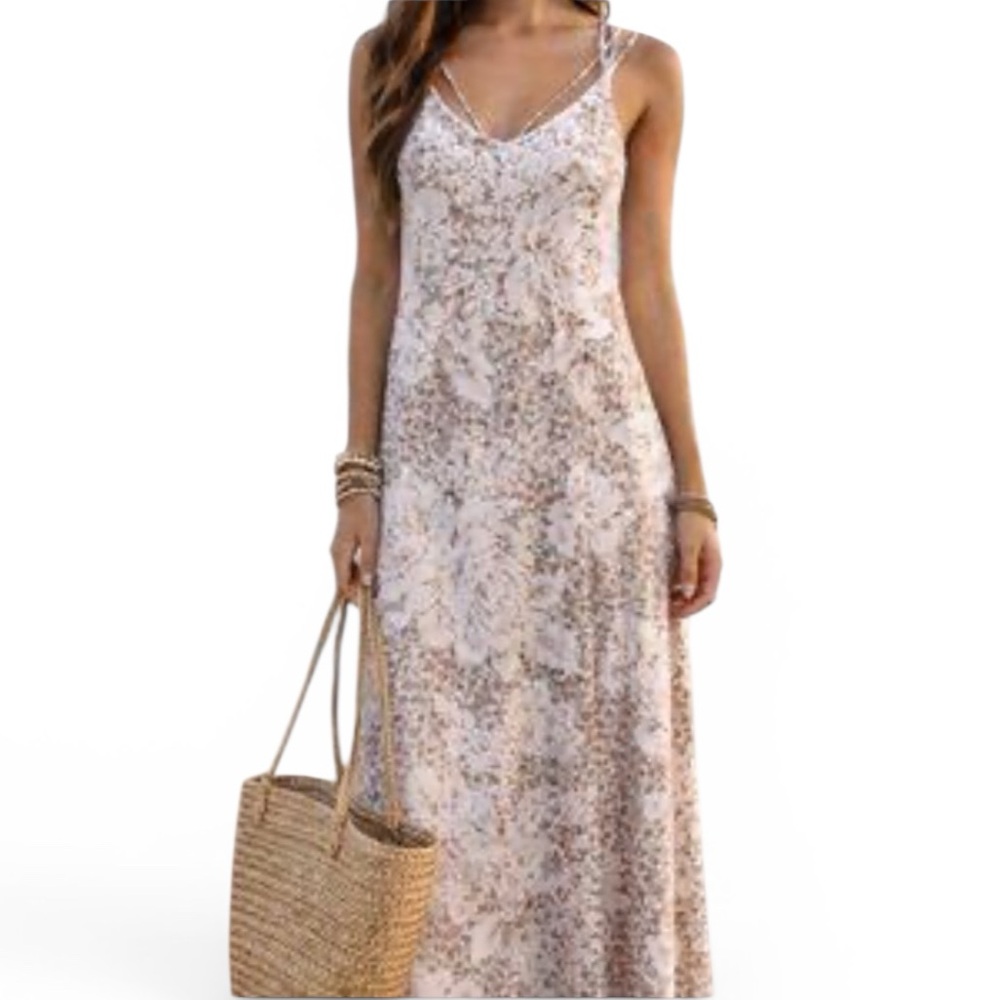 Tommy Bahama Beige & Cream Floral Strappy Back Maxi T Shirt Dress Womens Size M